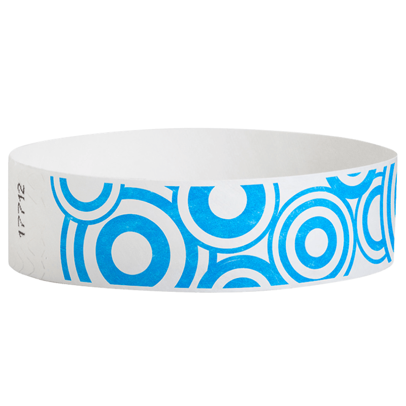 white tyvek wristband with neon blue disk pattern - round version shown