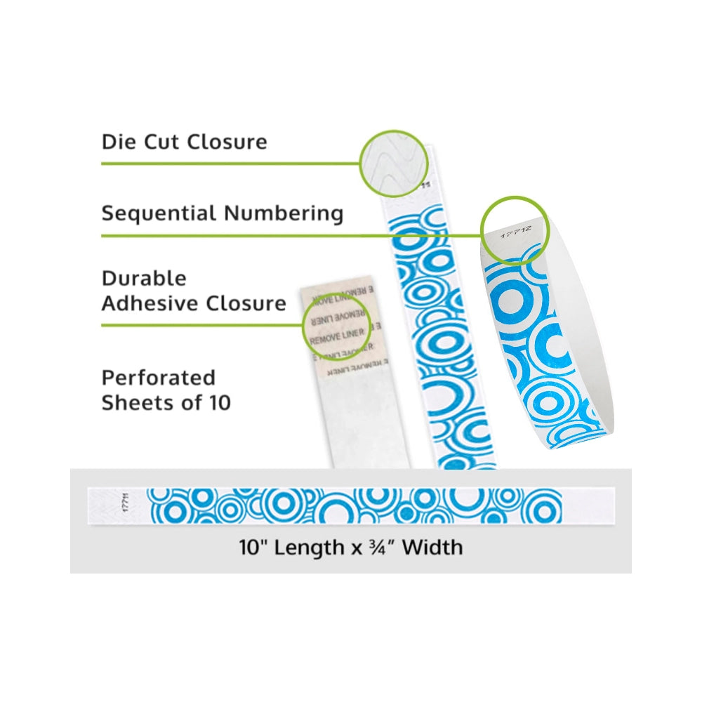blue disk tyvek wristband detail product page showing the die cut adhesive closure, sequential numbering, perforated sheets of 10 and the dimensions.