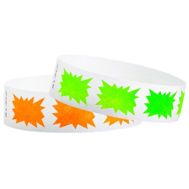 white tyvek wristbands with a burst pattern shown in neon green and neon orange