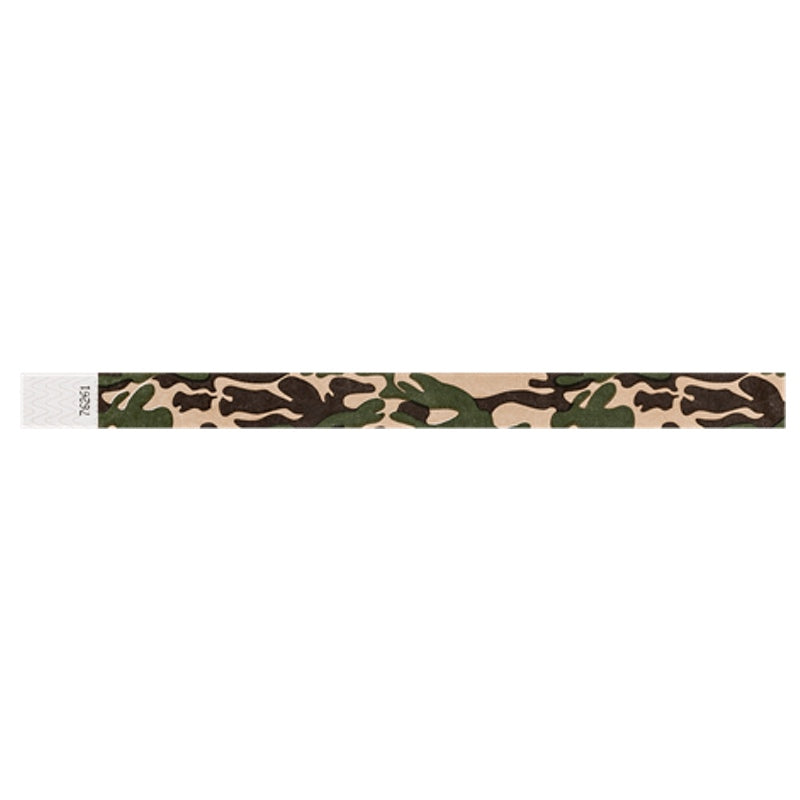 tyvek wristband with a camouflage pattern in green, brown and tan colors - flat version shown