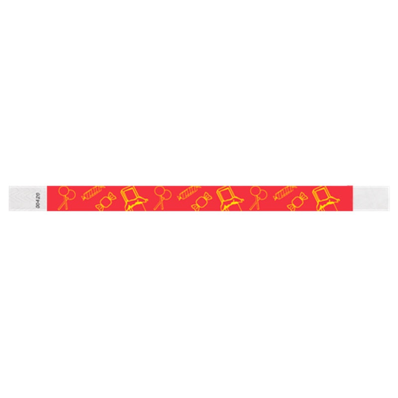 yellow candy pattern on a neon red tyvek wristband - flat version shown