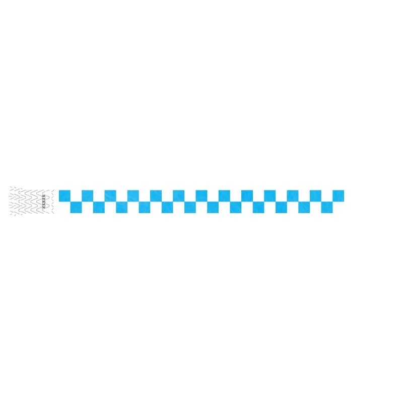 white and neon blue checker pattern on a tyvek wristband