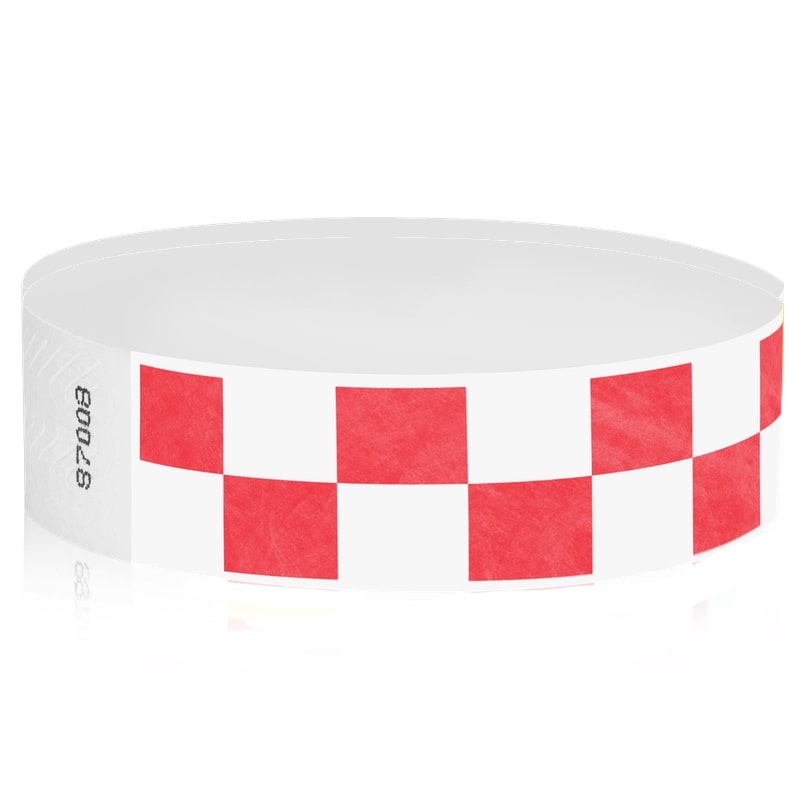 neon red and white checkerboard tyvek wristband