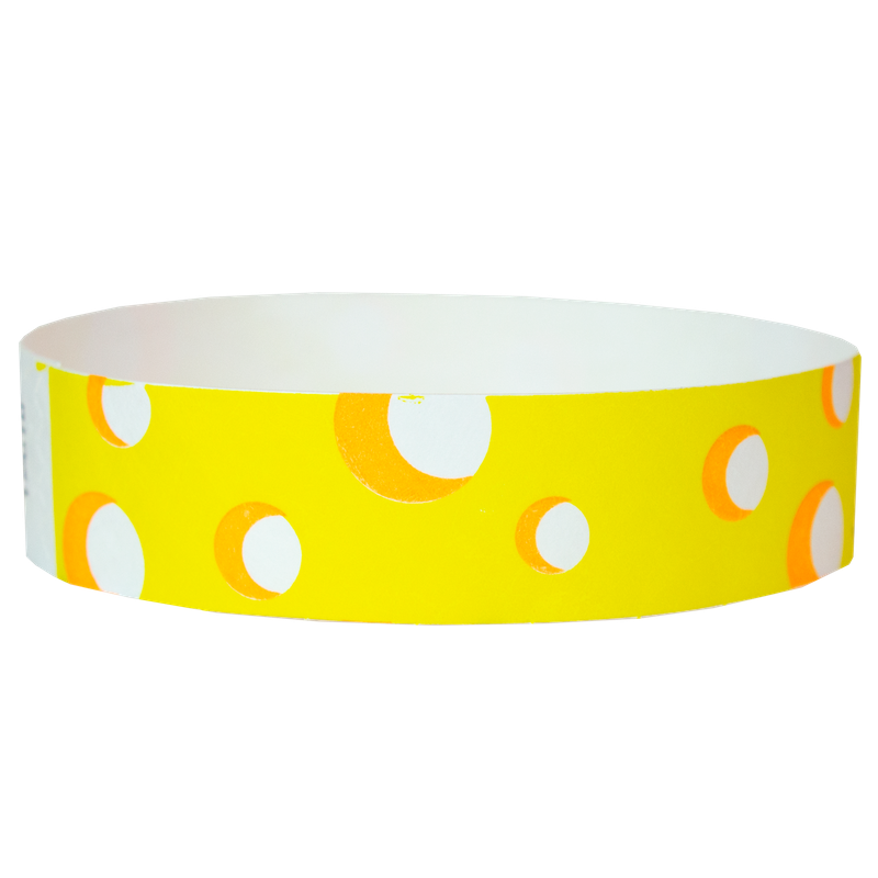 cheese pattern shown in yellow on a white tyvek wristband - round version shown