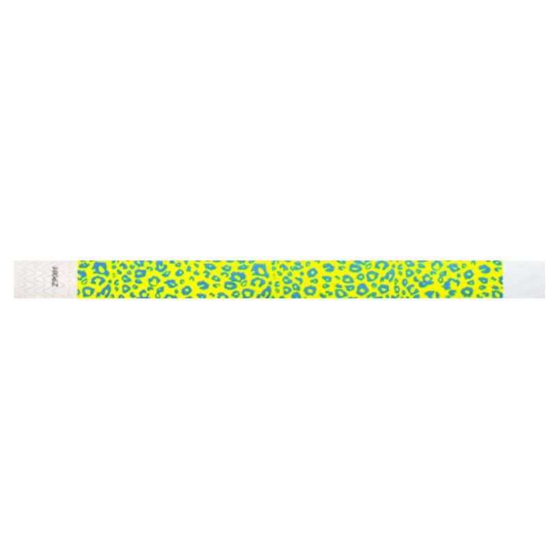 neon blue cheetah pattern on a neon yellow tyvek wristband - flat version shown