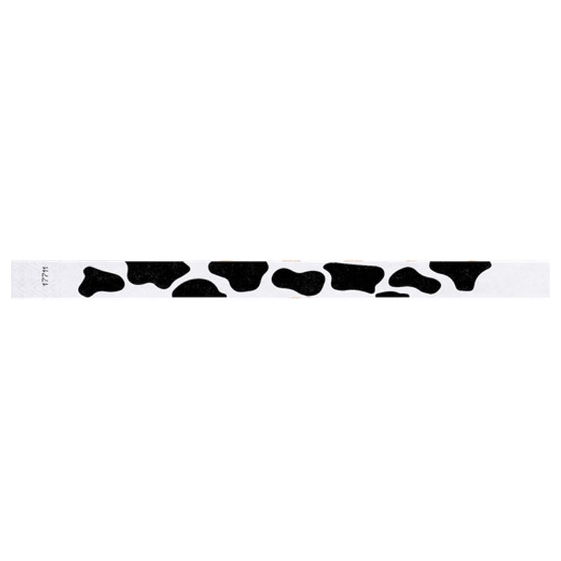 white tyvek wristband with cow pattern in black - flat version shown