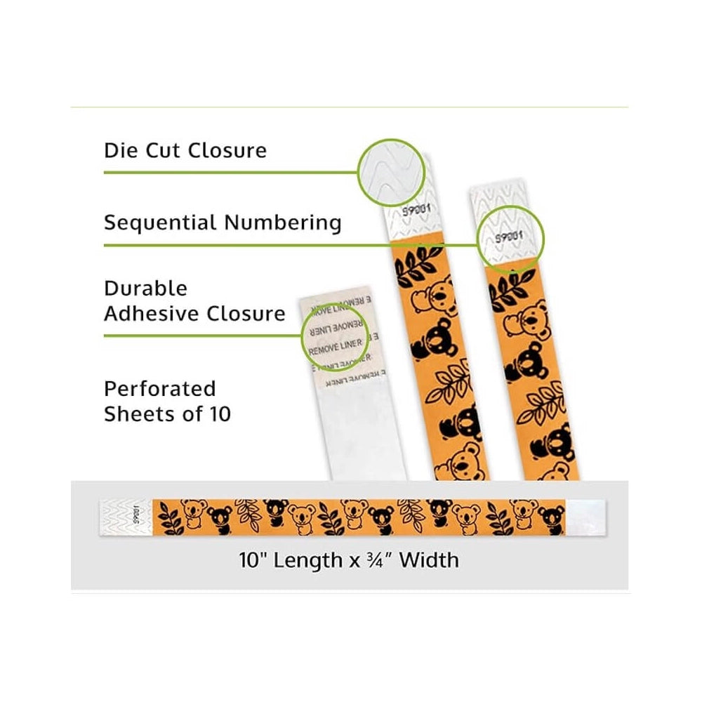 cute koalas tyvek wristband detail product page showing the die cut adhesive closure, sequential numbering, perforated sheets of 10 and the dimensions.