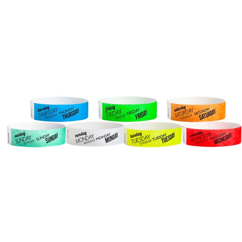Set of colorful day-of-the-week wristbands on different colors