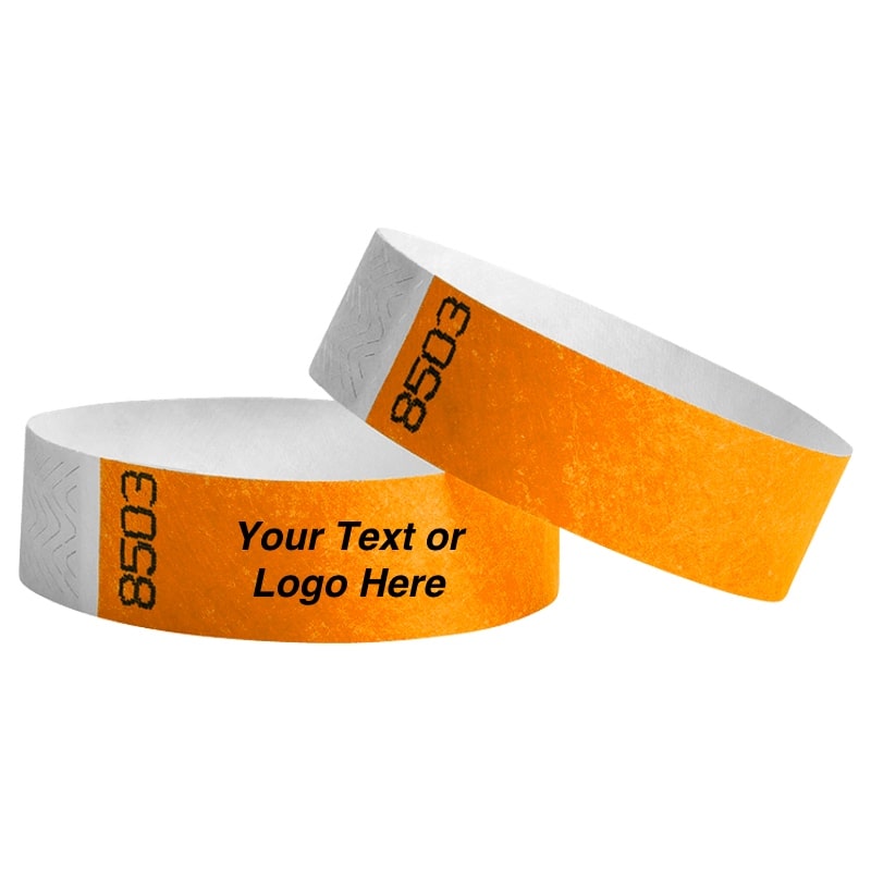 neon orange tyvek wristbands - duplicate numbers - custom imprint design available