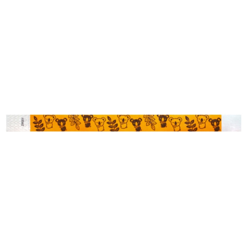 neon orange tyvek wristband with black koalas and leaves
