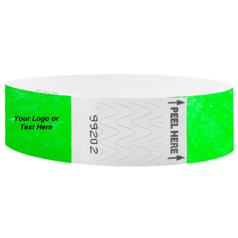 your logo or text can be imprinted on these custom litter free tyvek wristbands shown in neon green