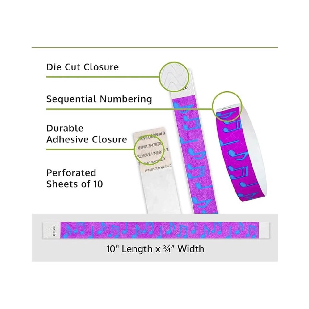 music notes tyvek wristband detail product page showing the die cut adhesive closure, sequential numbering, perforated sheets of 10 and the dimensions.