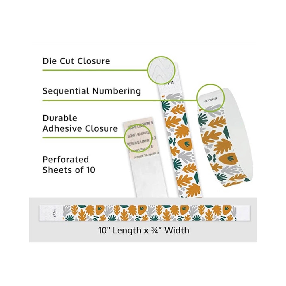 muted plants tyvek wristband detail product page showing the die cut adhesive closure, sequential numbering, perforated sheets of 10 and the dimensions.