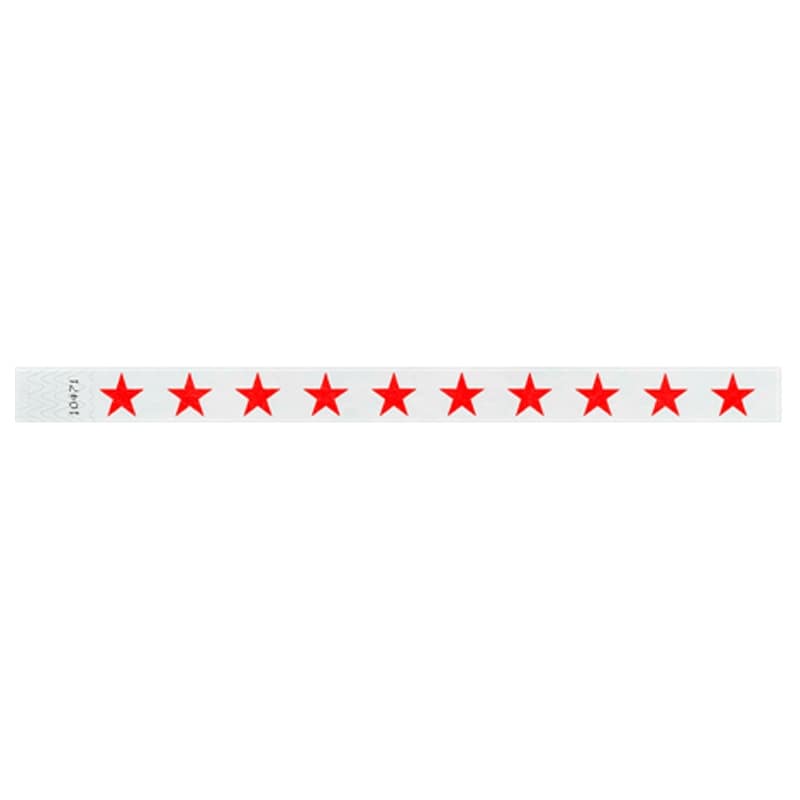 white tyvek wristband with neon red stars shown - flat version