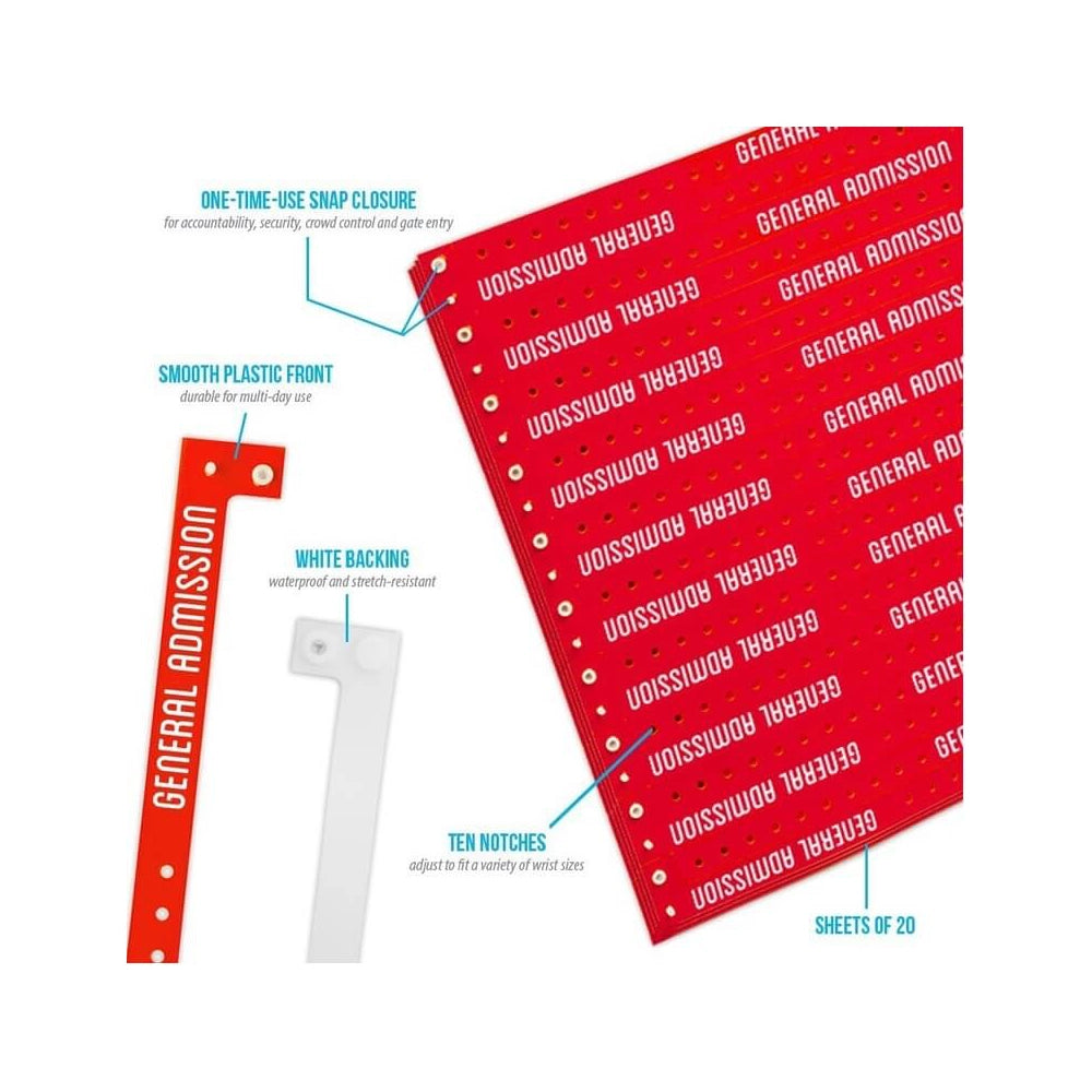 Specifications sheet for plastic general admission wristband in neon red - showing details of snap closure, plastic front, white backing, 10 notches and sheets of 20