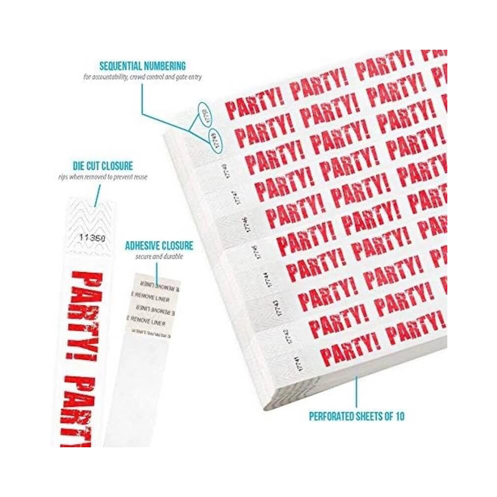 red party tyvek wristband detail product page showing the die cut adhesive closure, sequential numbering, perforated sheets of 10 and the dimensions.