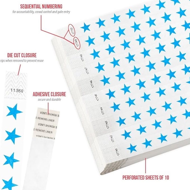 neon blue tyvek wristband detail product page showing the die cut adhesive closure, sequential numbering, perforated sheets of 10