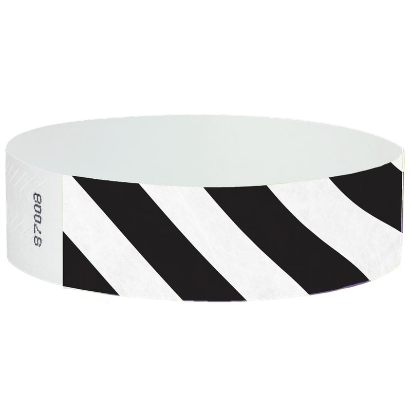 White wristband with black diagonal stripes.