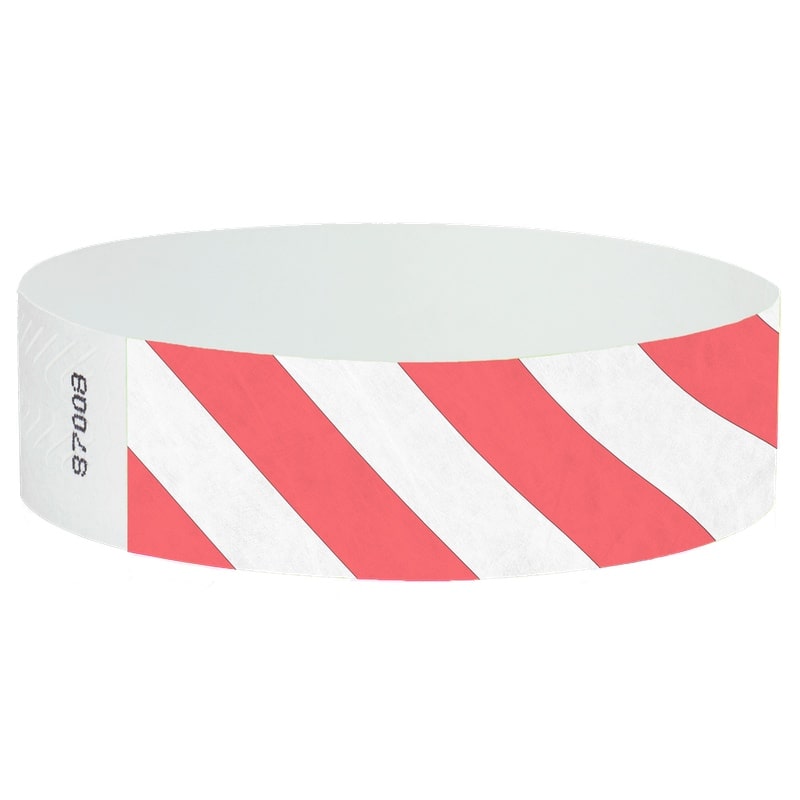 White wristband with coral red diagonal stripes.