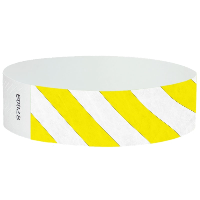 White wristband with neon yellow diagonal stripes.
