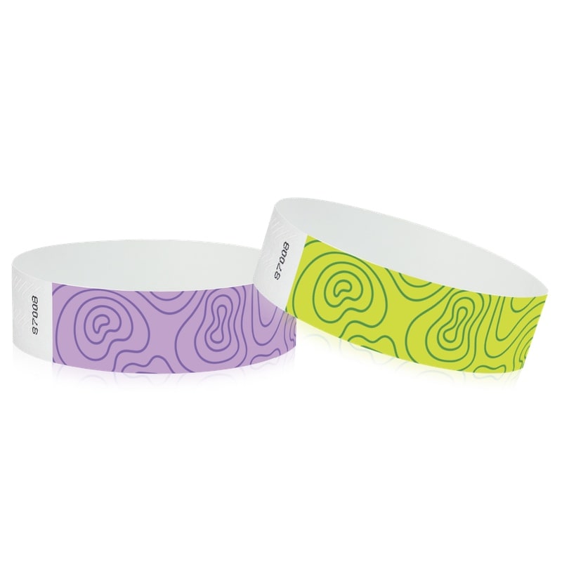 topographic map pattern on two different color wristbands shown in berry and lime green
