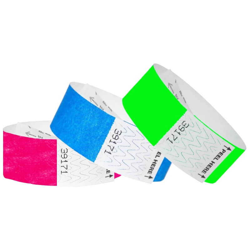 tyvek 1" litter free solid wristbands in neon pink, neon blue and neon green