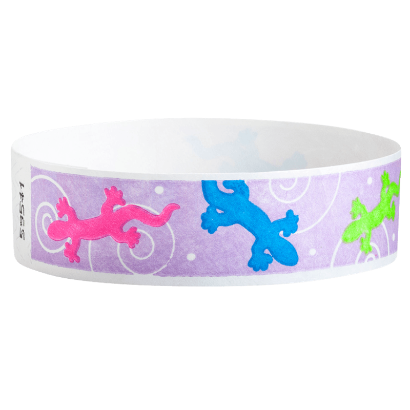 Wristband with colorful gecko designs on a light purple background