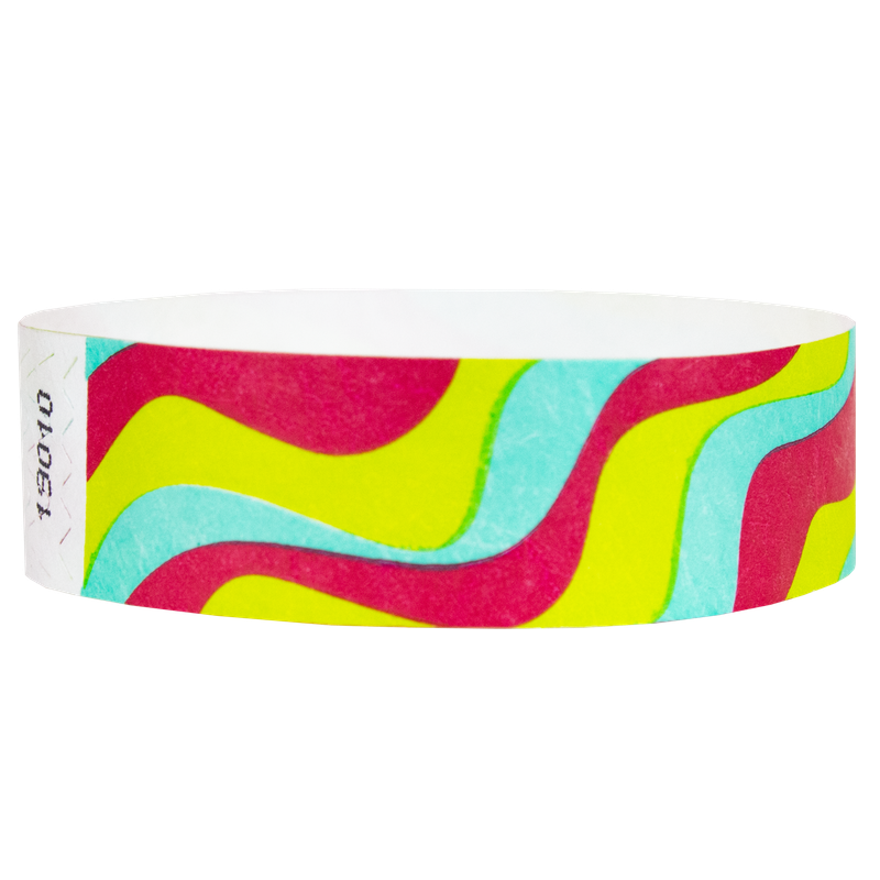 Colorful wavy patterned wristband in red, neon yellow and aqua