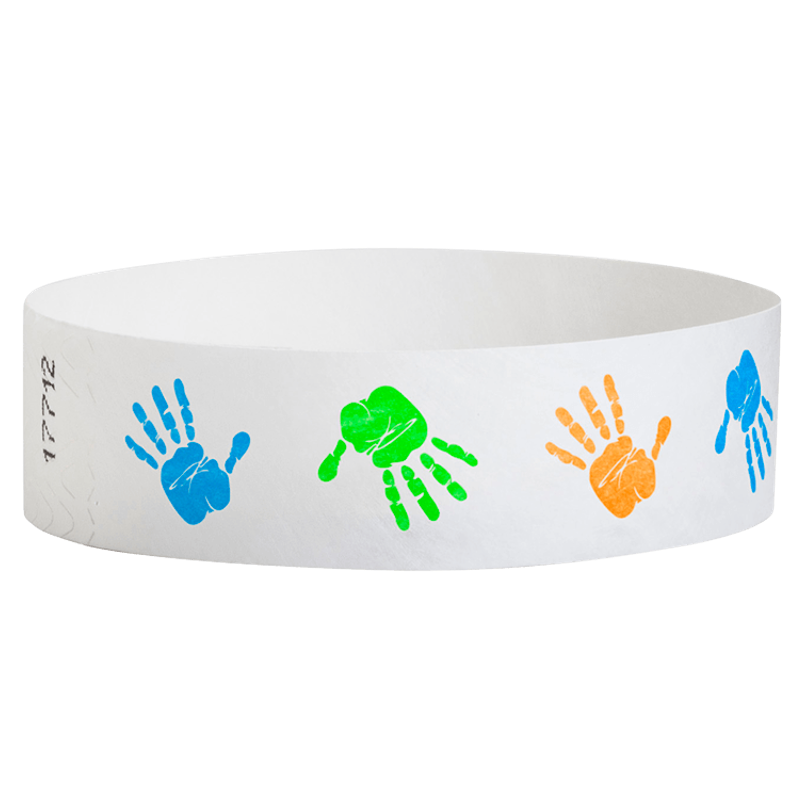 White wristband with colorful handprints in orange, neon green and neon blue