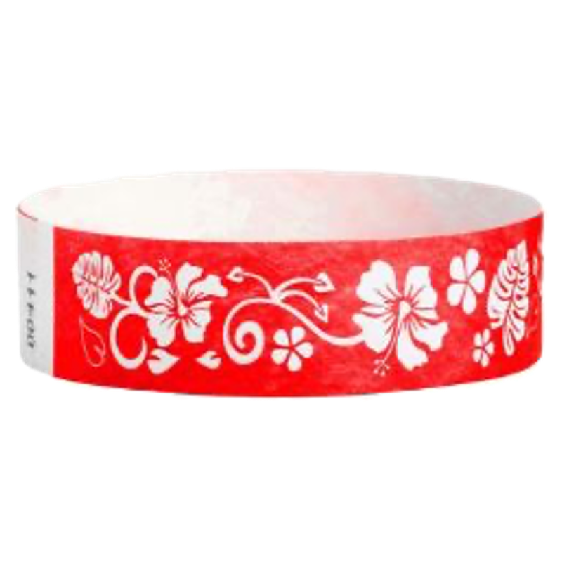 Red wristband with white hawaiian floral patterns