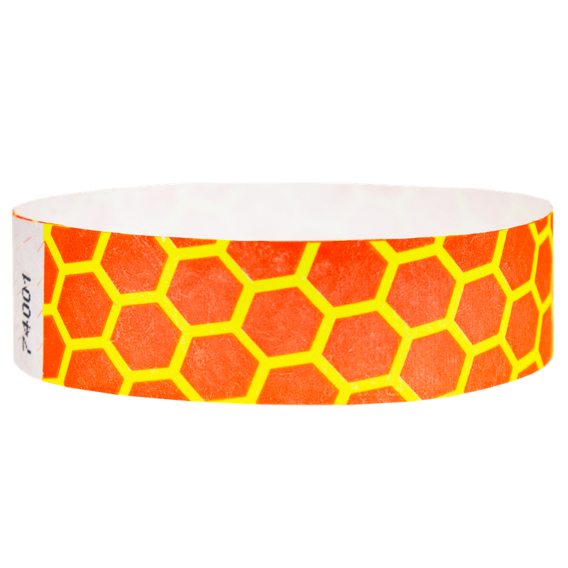 Tyvek wristband with orange and yellow honeycomb pattern