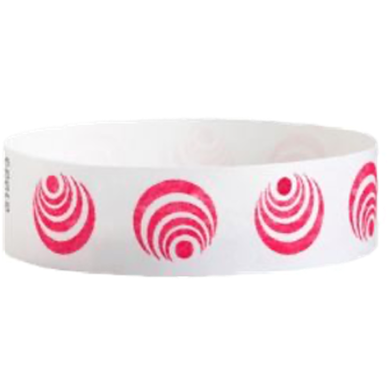 White wristband with red circular patterns