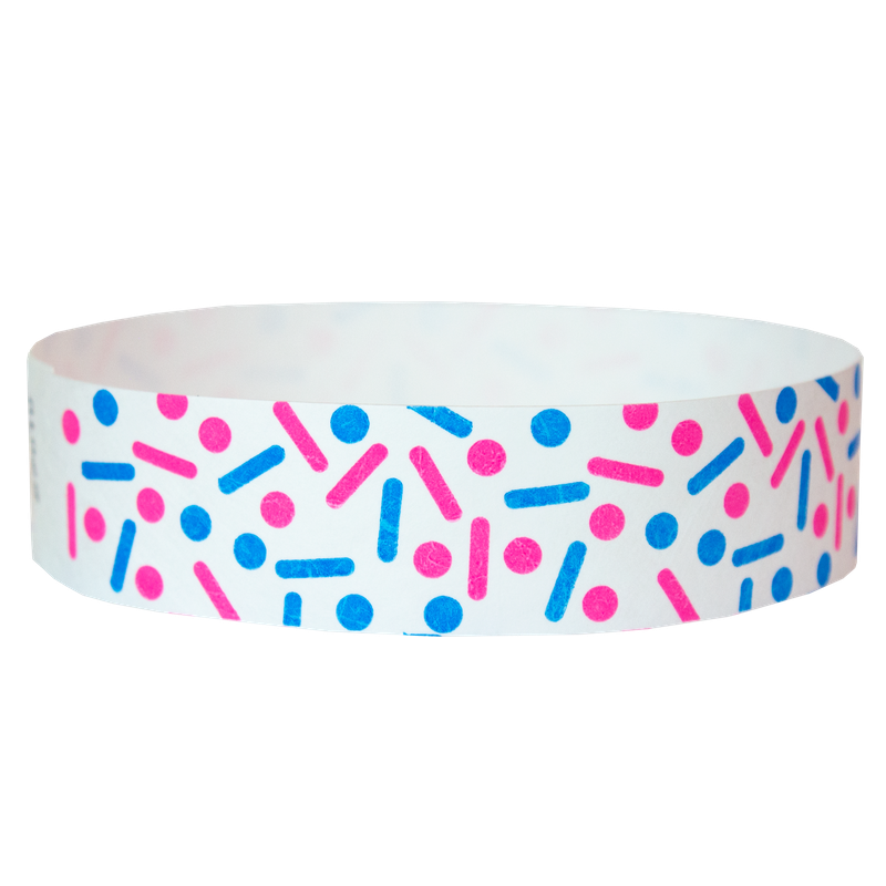 White wristband with colorful sprinkles pattern in neon pink and neon blue
