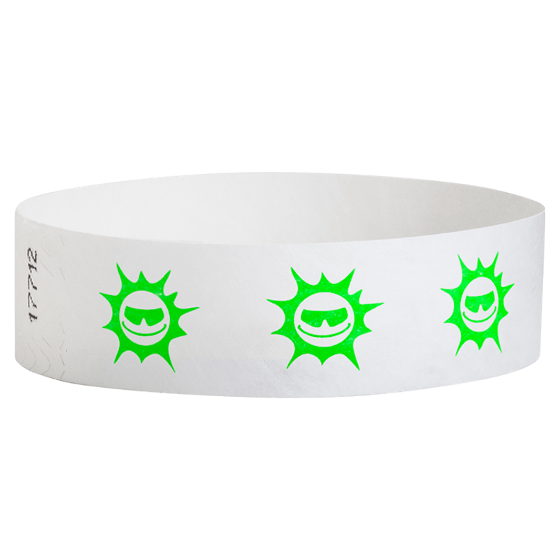 White wristband with neon green happyface suns