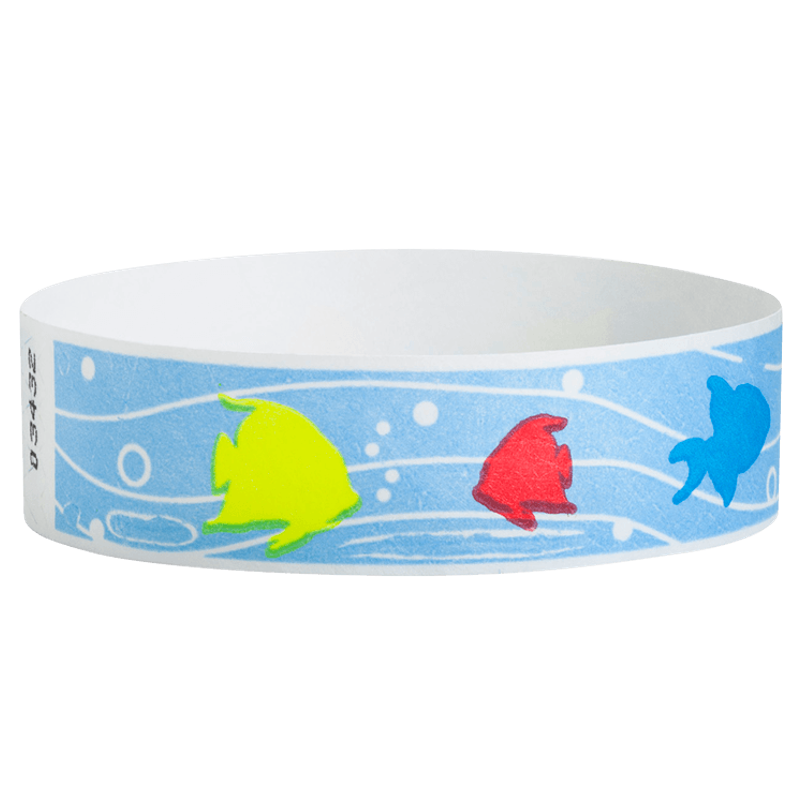 Wristband with colorful fish design in yellow, red & dark blue on a light blue background