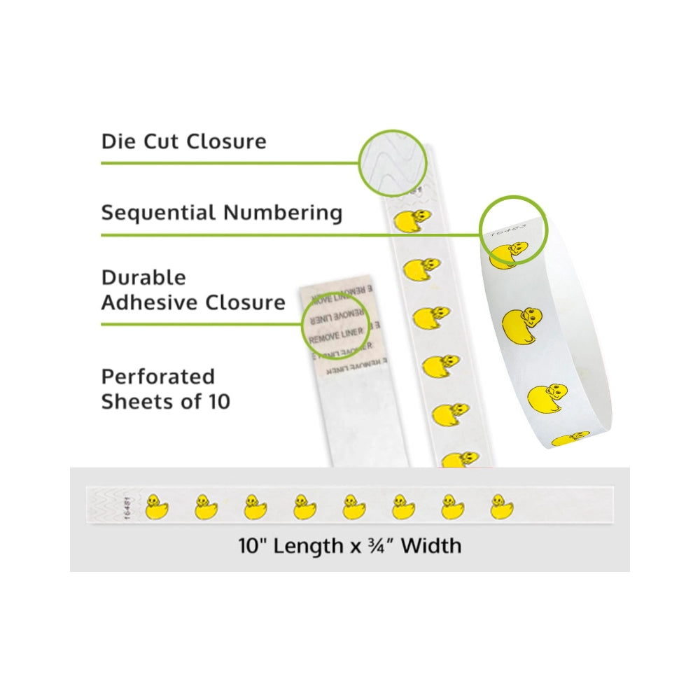 rubber duckies tyvek wristband detail product page showing the die cut adhesive closure, sequential numbering, perforated sheets of 10 and the dimensions.