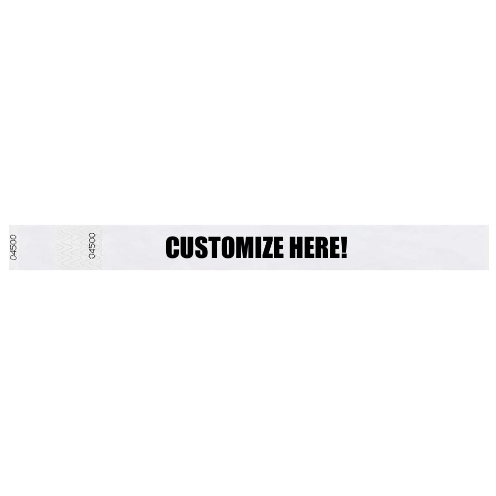 Tyvek 1" stub wristband in white with black text "CUSTOMIZE HERE!" - shown in flat