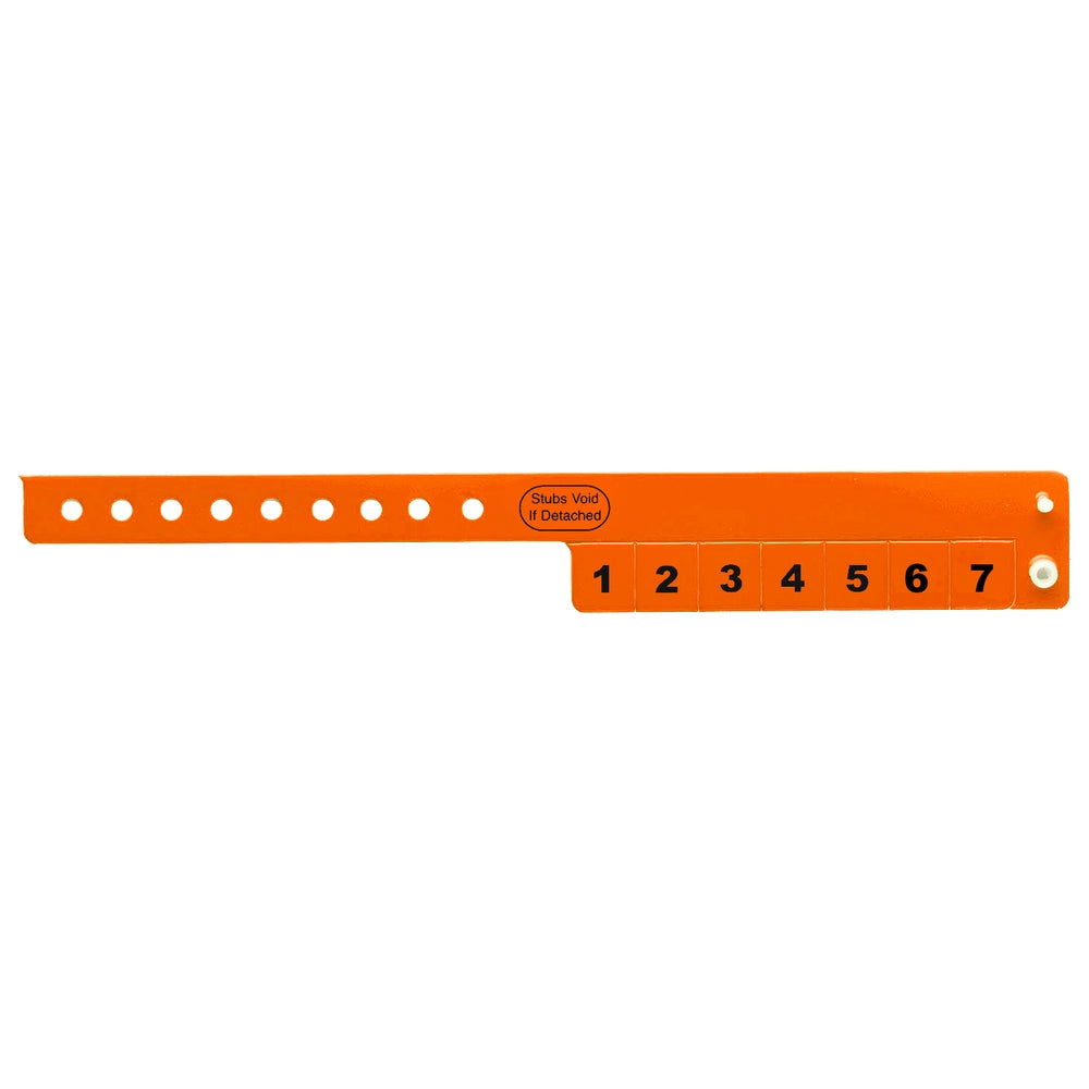 vinyl wristband with 7 tabs in orange - shown in flat
