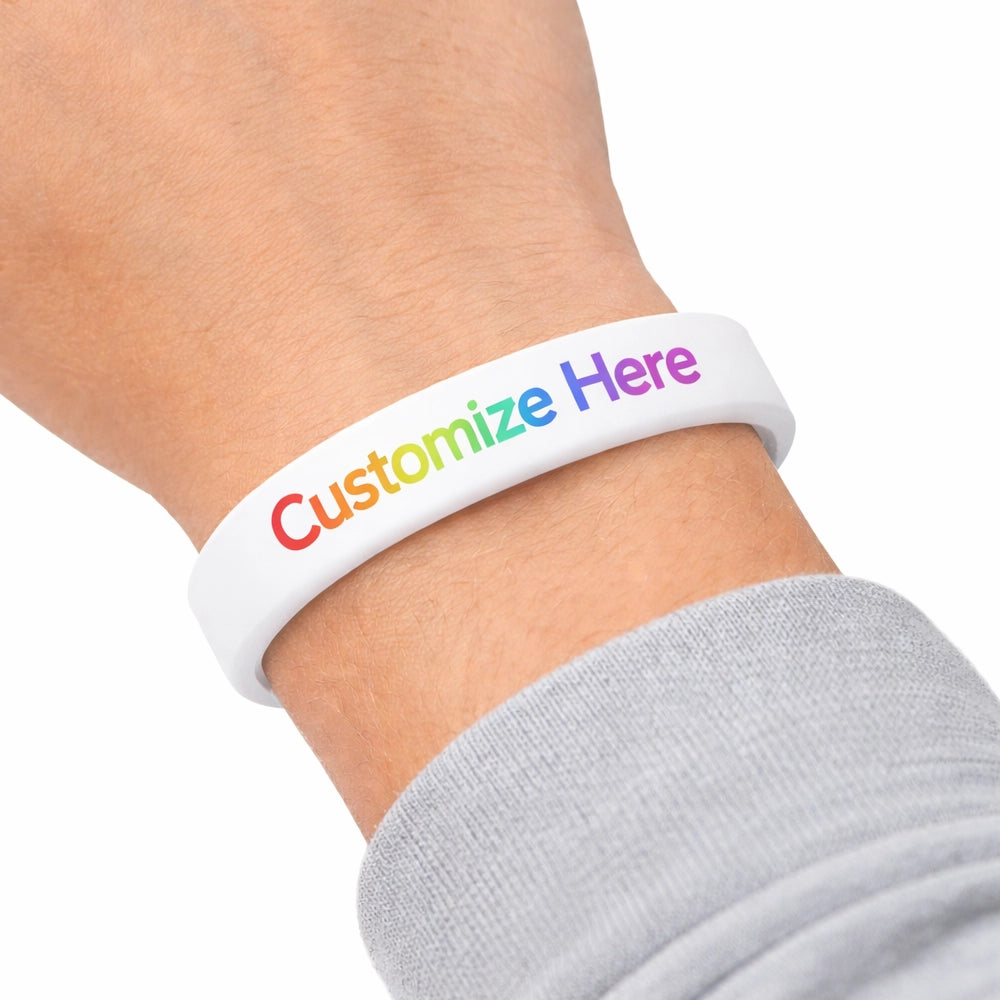 printed silicone wristband in white showing muli color print