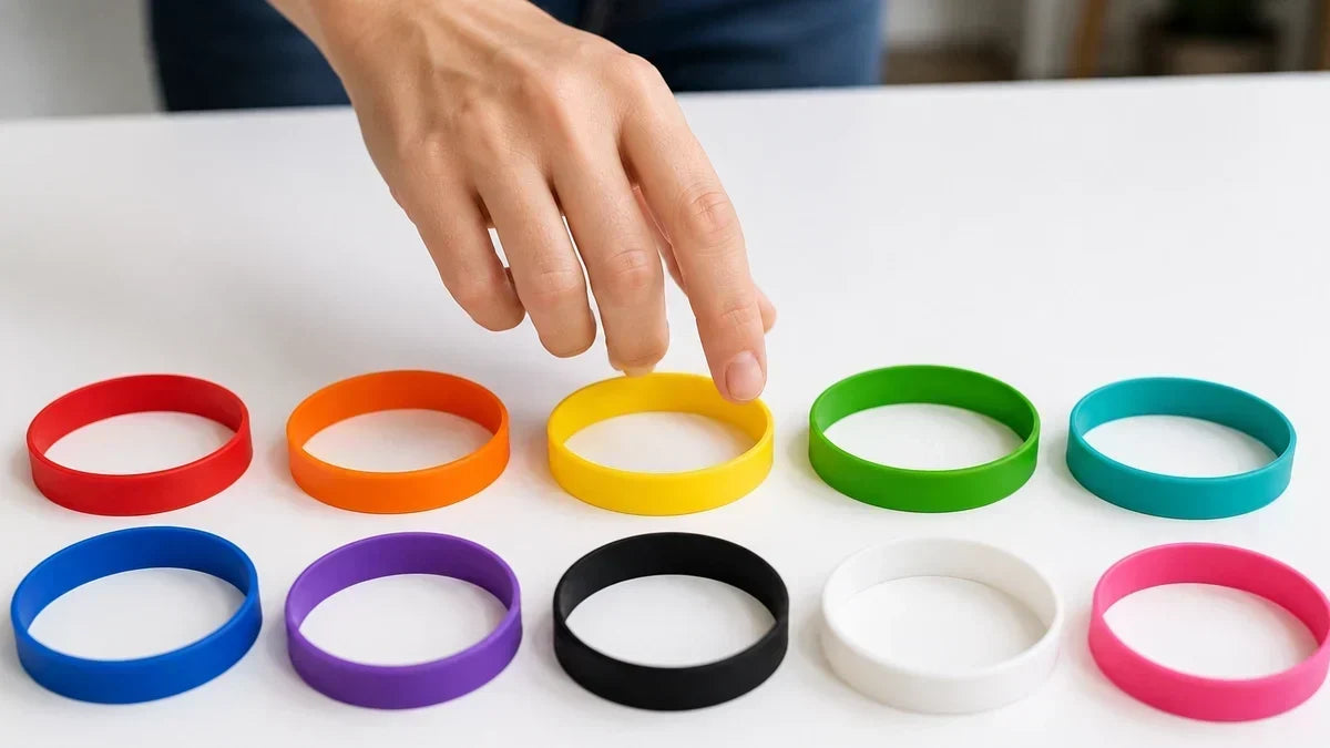 Picture of persons hand choosing between 10 different wristband colors on a table.