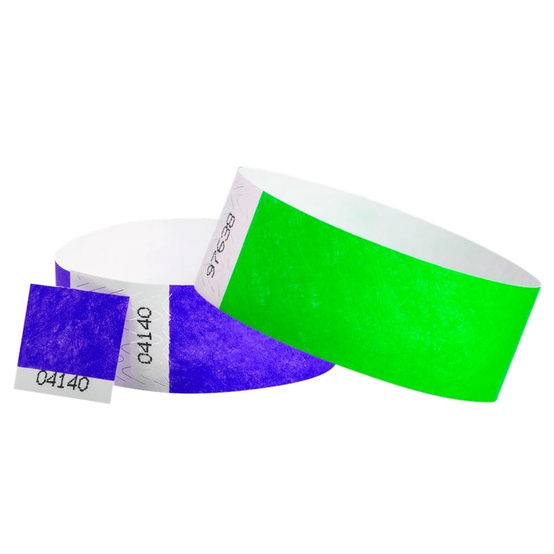 1" tyvek wristbands showing purple detachable stub and neon green solid