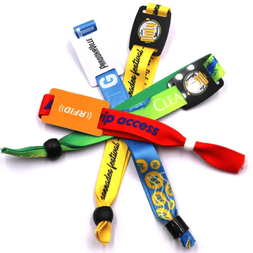 wide face vinyl neon blue with qr code, neon red plastic with bar code and silicone rfid wristbands