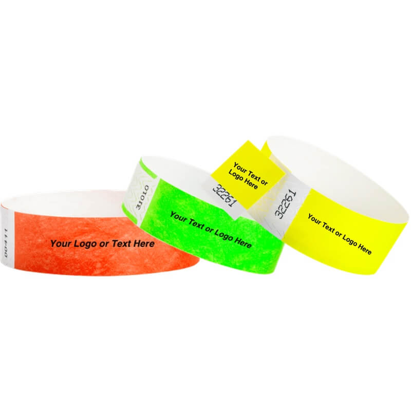 custom tyvek wristbands: solid 3/4" tyvek coral red, qwik fit 3/4" neon green and detachable stub 1" neon yellow