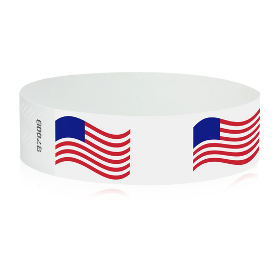 White wristband with wavy american flags repeated over the band - shown in round