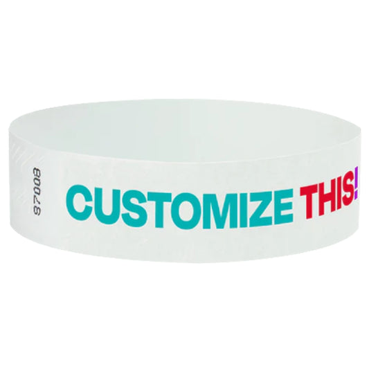 white tyvek wristband with colored lettering to show placeholder for customization