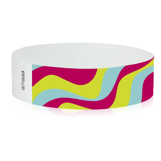 tyvek 3/4" wristband in neon red, neon yellow and aqua groovy stripe pattern