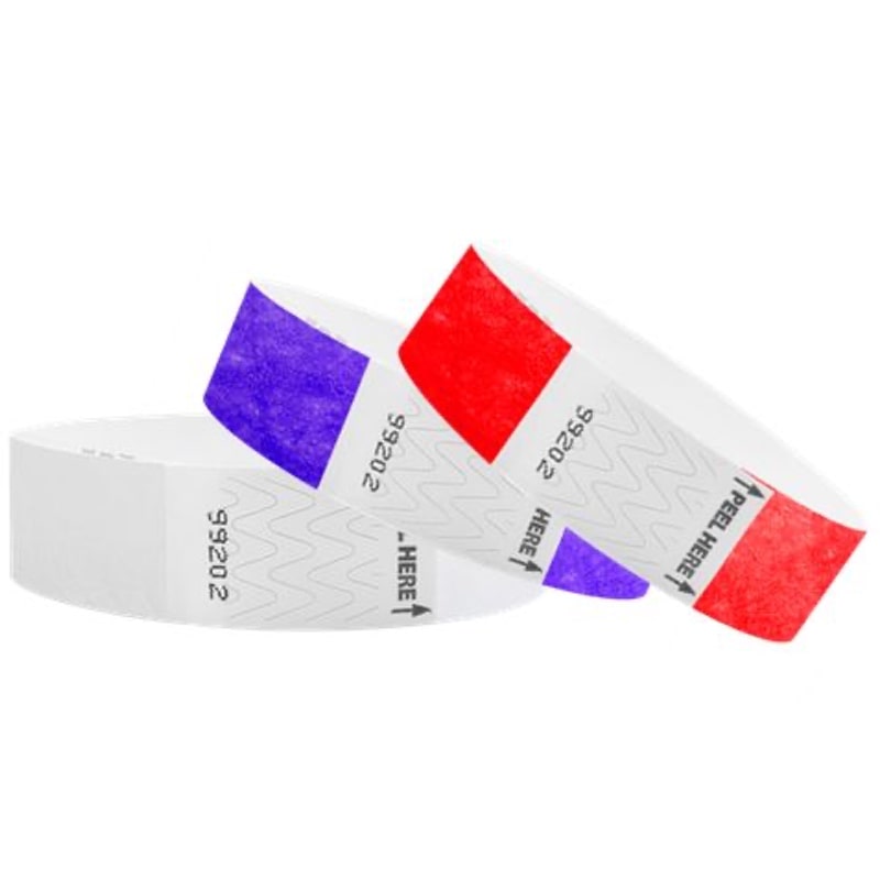 neon red, purple and white tab free tyvek wristbands - no litter