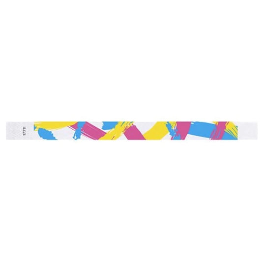 white tyvek wristband with paint stroke pattern in neon blue, neon pink and neon yellow - flat version shown