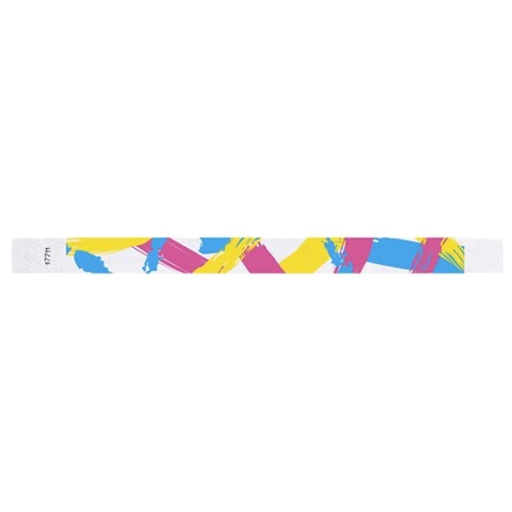 white tyvek wristband with paint stroke pattern in neon blue, neon pink and neon yellow - flat version shown