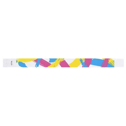 white tyvek wristband with paint stroke pattern in neon blue, neon pink and neon yellow - flat version shown